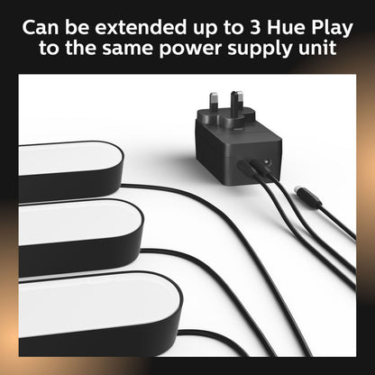 Philips Hue Play lysbar 2-pak hvid med strømforsyning og tre kabler til op til tre lyslister, dæmpbart smartlys.