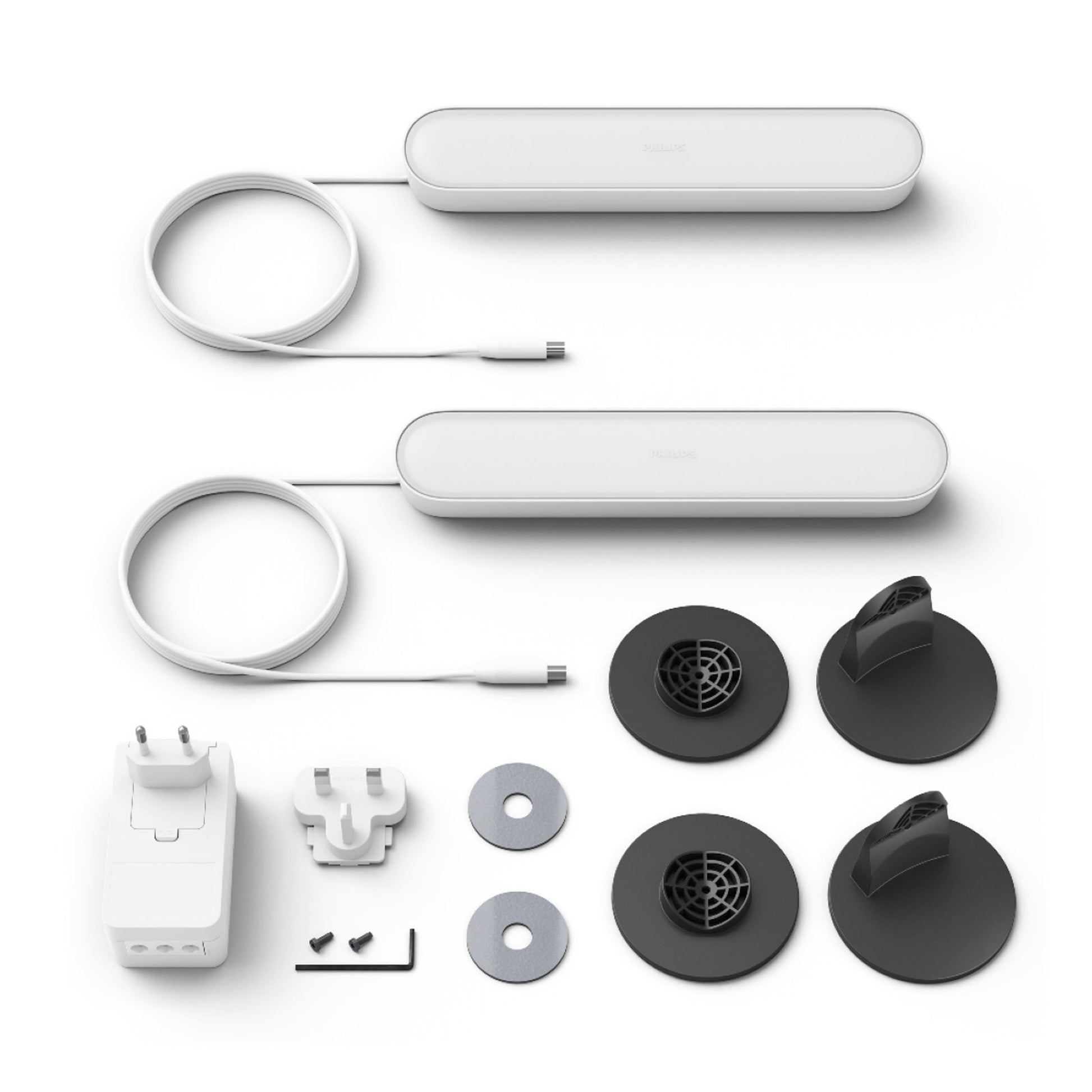 Philips Hue Play light bar 2-pack, hvide LED-lysbjælker inkl. kabler, adapter, beslag, selvklæbende skiver og stikadaptere.