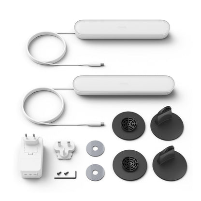 Philips Hue Play light bar 2-pack, hvide LED-lysbjælker inkl. kabler, adapter, beslag, selvklæbende skiver og stikadaptere.