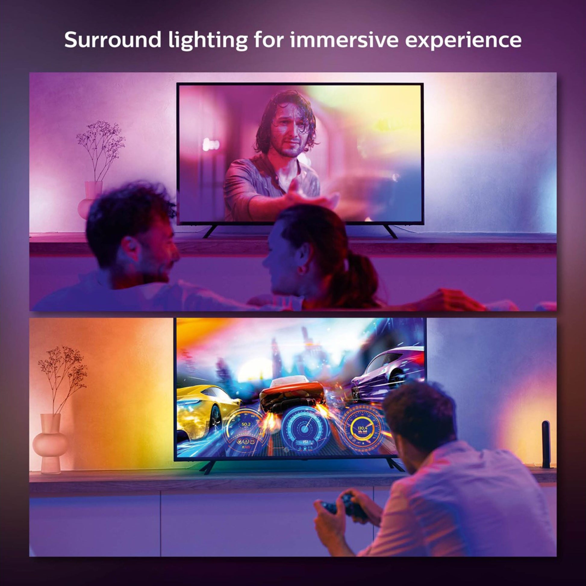 Philips Hue Play Gradient Lightstrip til TV 55" monteret taske-tv, viser belysning under film og gaming.