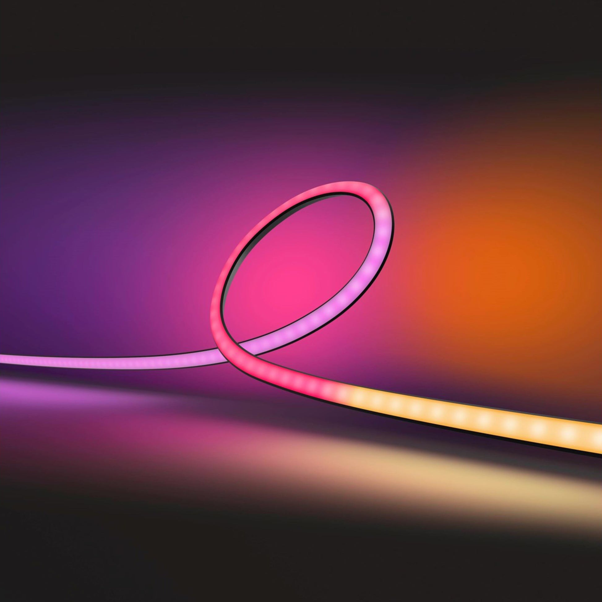 Philips Hue Play Gradient Lightstrip TV 55" i loop med lilla, pink og orange lys, farvede reflektioner på flade.