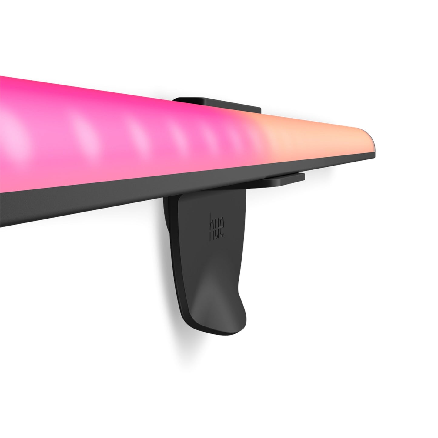 Philips Hue Play Gradient Lightstrip 55" sort, lyser pink-orange, monteret på vægbeslag med Hue-logo.