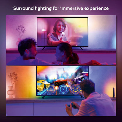 Philips Hue Play Gradient Lightstrip til TV 65", flerfarvet lys synkroniseret med skærm, hjemmebiograf og gaming vises.