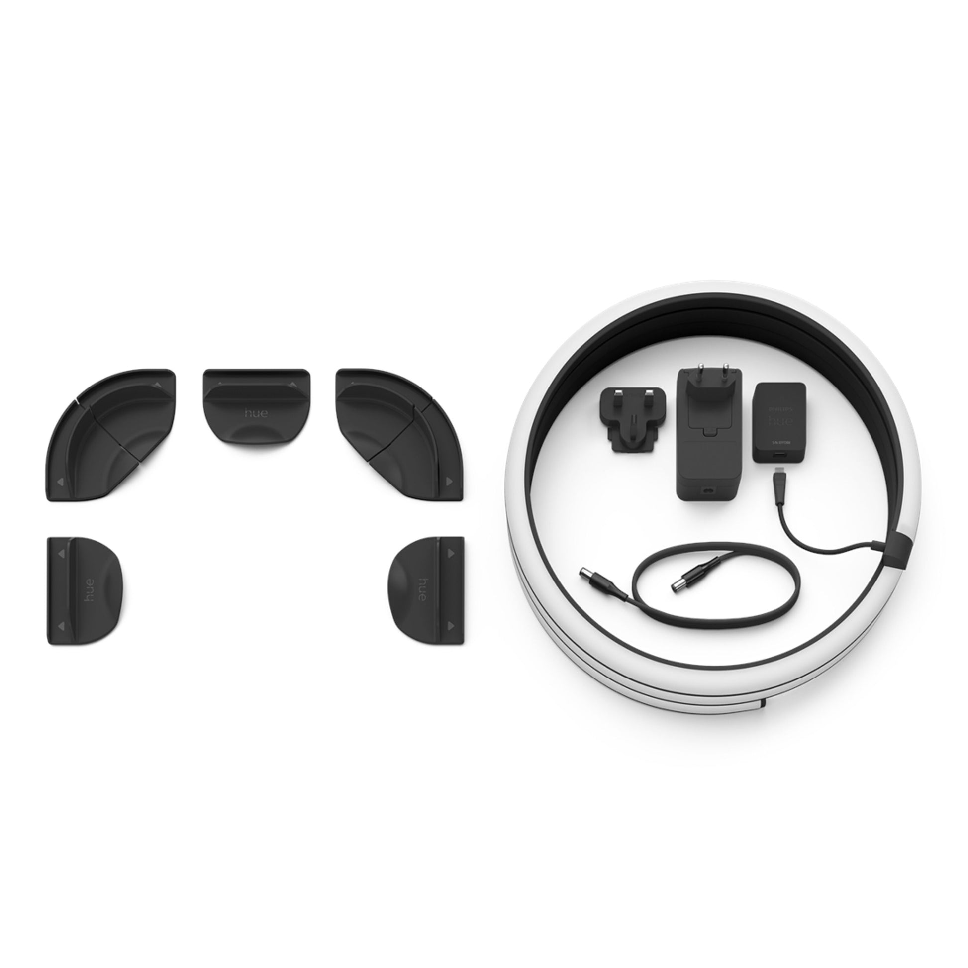 Philips Hue Play Gradient Lightstrip til TV 65", ringform, fire sorte buede dele, strømforsyning, kabel og modul.