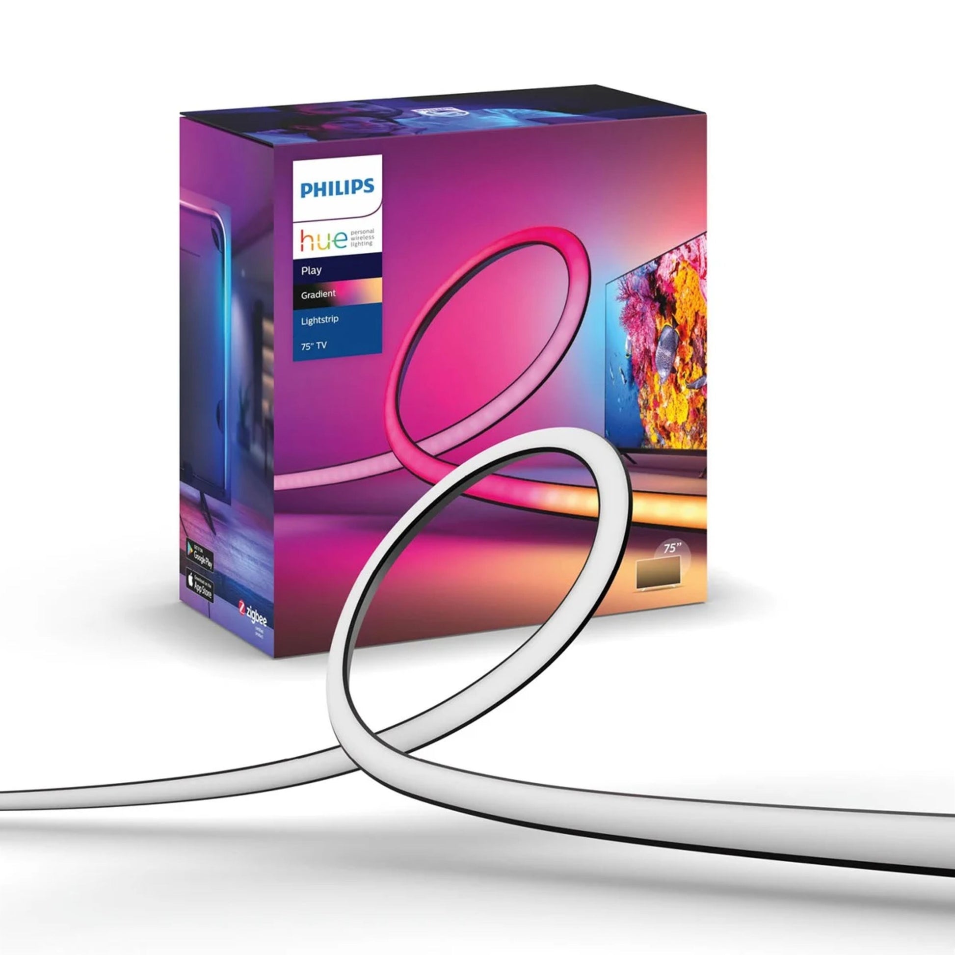 Philips Hue Play Gradient Lightstrip til TV 75", farvestrålende LED-lysstribe rundt om skærmen.