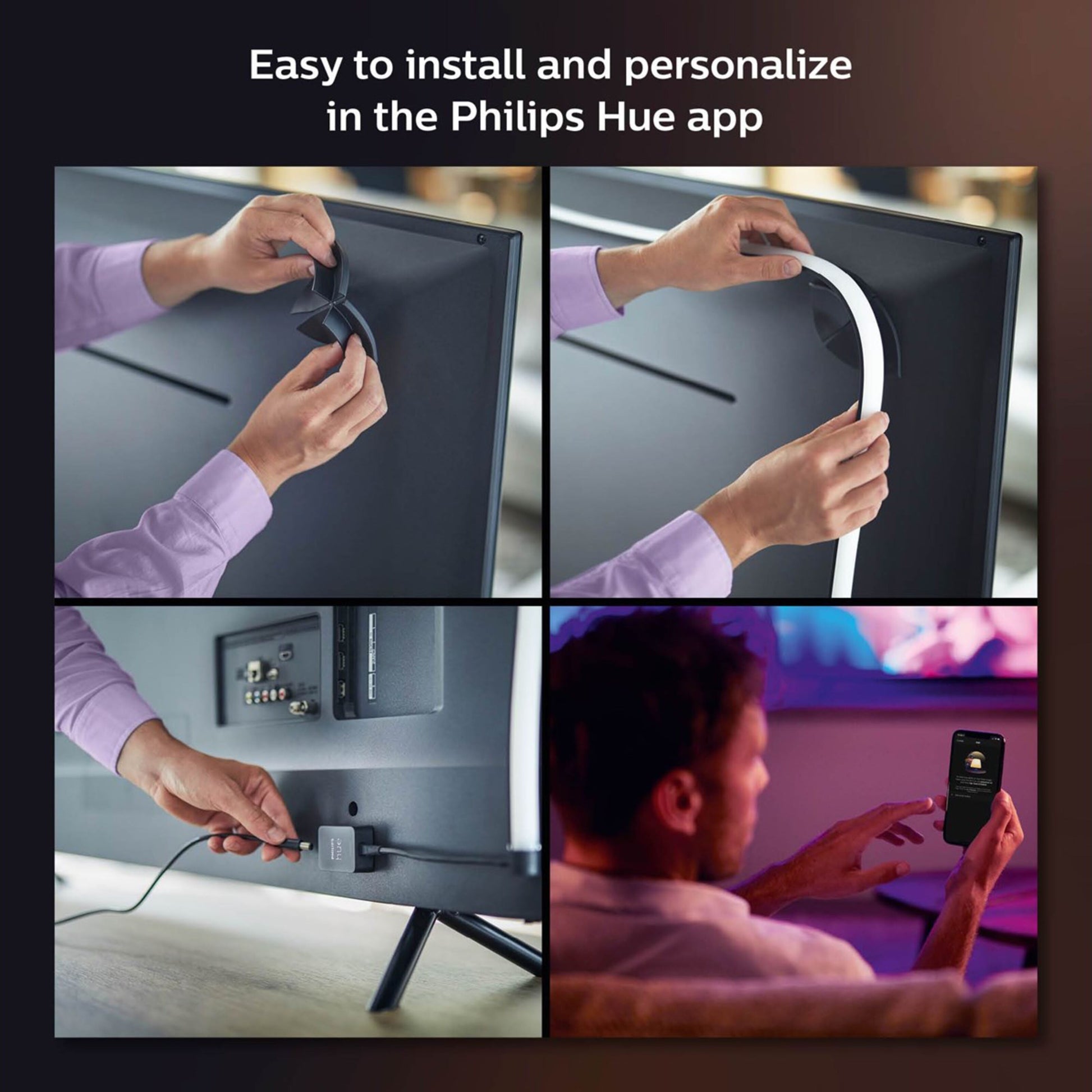 Philips Hue Play Gradient Lightstrip til TV 75", installation, strømstik og app-styring, tekst med brugervejledning.