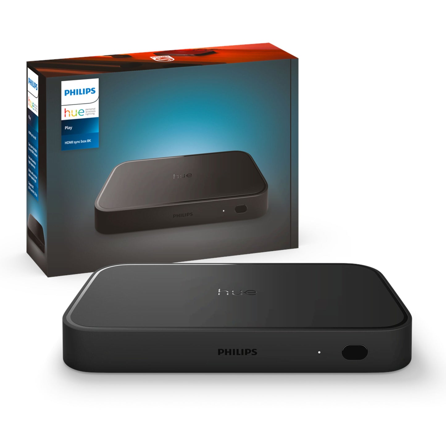 Philips Hue Play HDMI Sync Box 8K Gen 2 sort foran original emballage med produktnavn og logo synligt.
