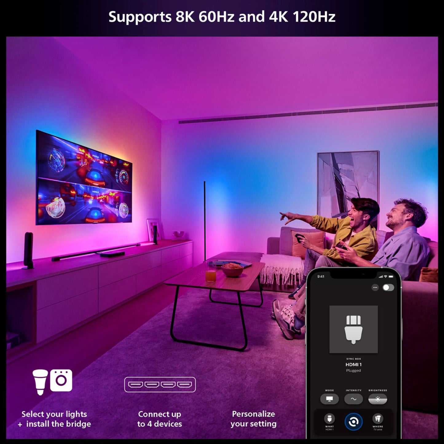 Philips Hue Play HDMI Sync Box 8K Gen 2 tilsluttet stor tv-skærm, viser logo og 8K 60Hz, 4K 120Hz understøttelse.