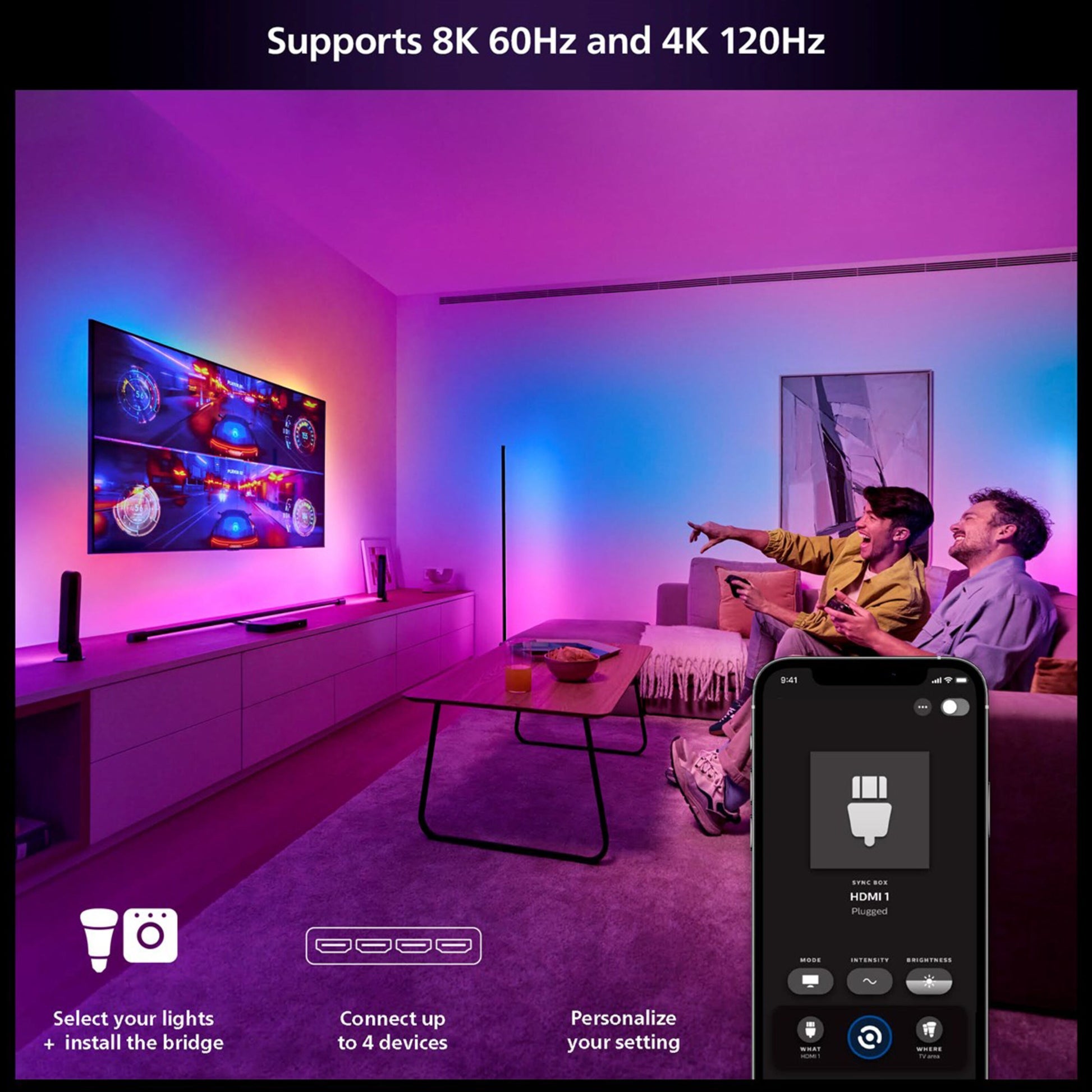 Philips Hue Play HDMI Sync Box 8K Gen 2 tilsluttet stor tv-skærm, viser logo og 8K 60Hz, 4K 120Hz understøttelse.