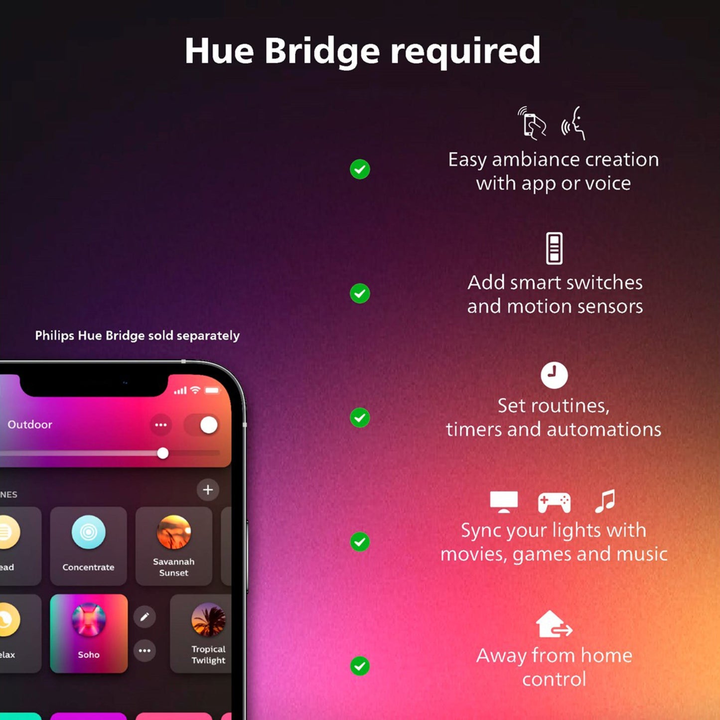 Philips Hue Play HDMI Sync Box 8K Gen 2, smartphone med Hue-app, liste over 6 funktioner med ikoner og flueben.