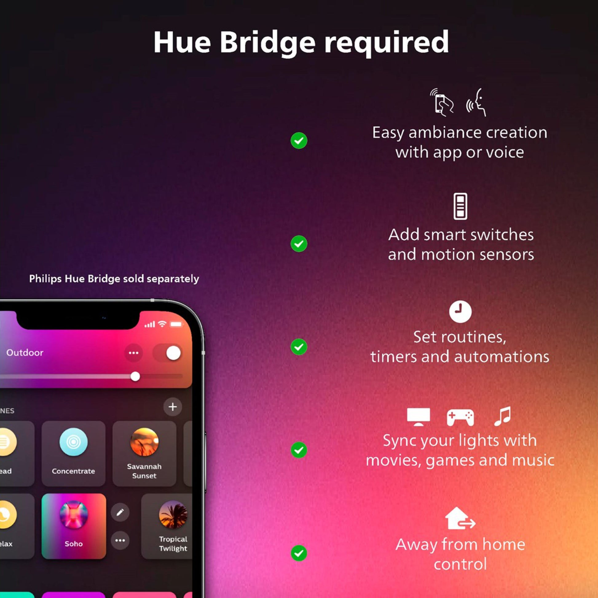 Philips Hue Play HDMI Sync Box 8K Gen 2, smartphone med Hue-app, liste over 6 funktioner med ikoner og flueben.