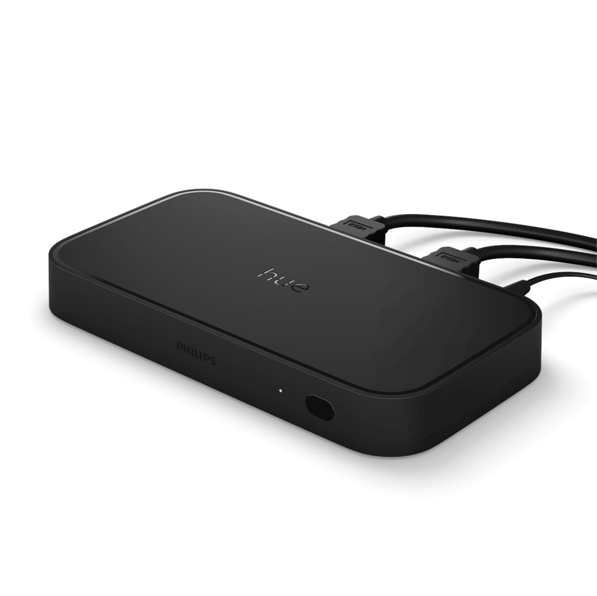 Philips Hue Play HDMI Sync Box 8K Gen 2, sort rektangulær med afrundede kanter, front LED og knap, porte bagpå.