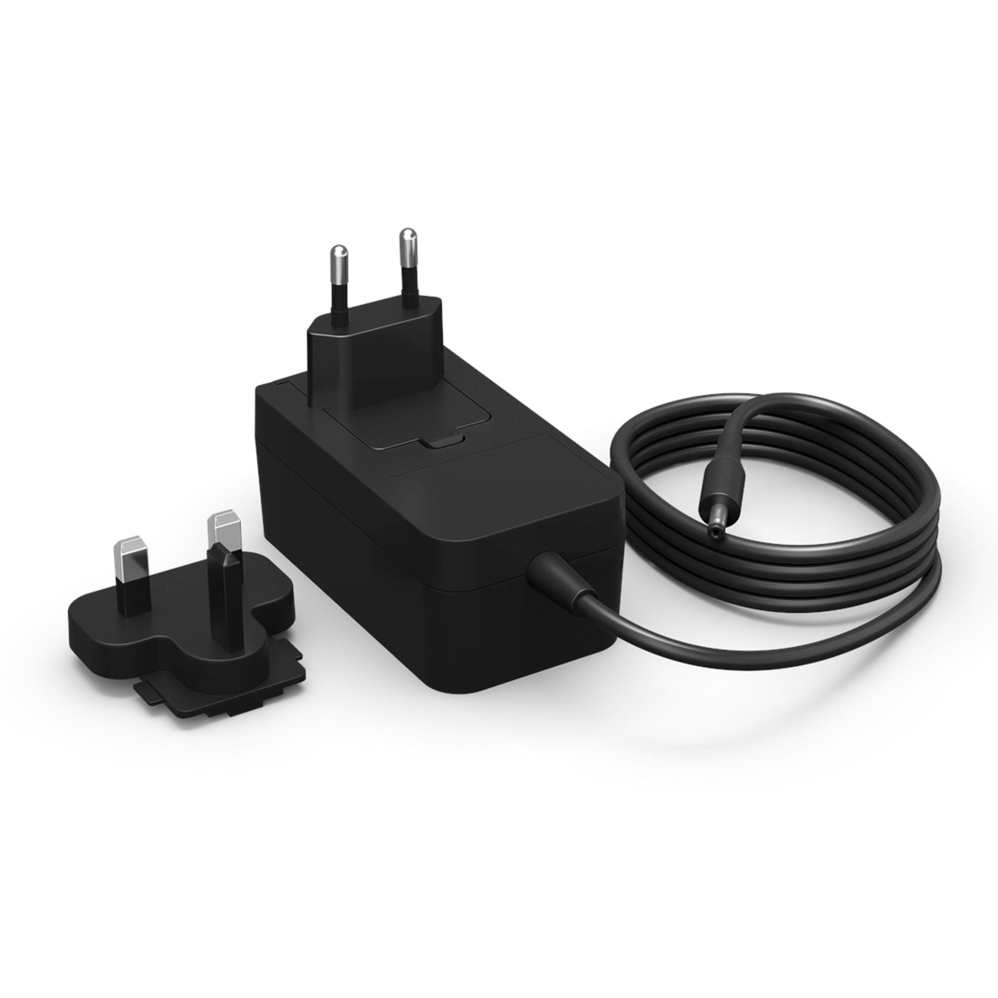 Philips Hue Play HDMI Sync Box 8K Gen 2 sort strømforsyning, spiral-kabel, rundt stik, til udskiftelige stiktyper.