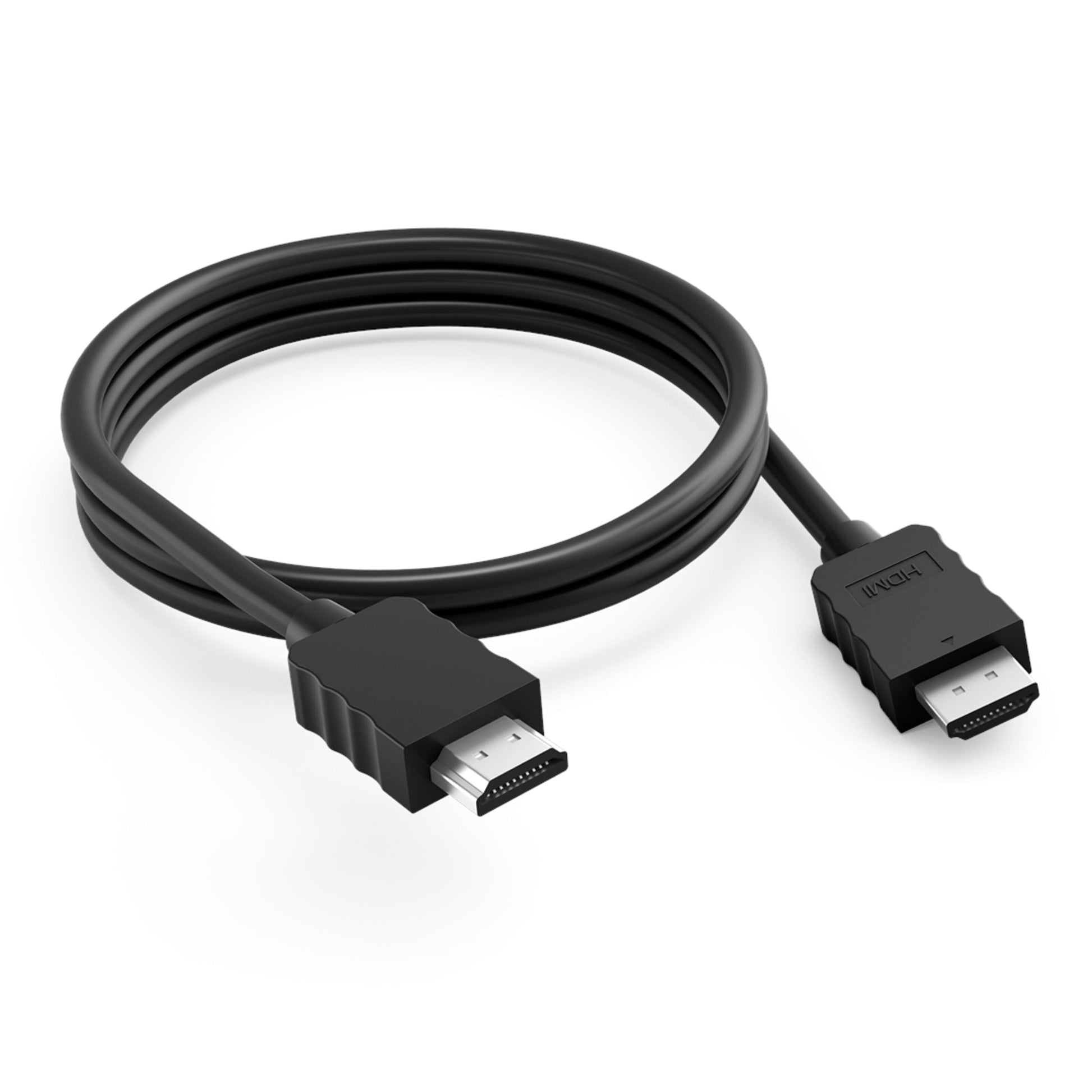 Sort HDMI-kabel, rullet sammen med stik synlige, til Philips Hue Play HDMI Sync Box 8K Gen 2.