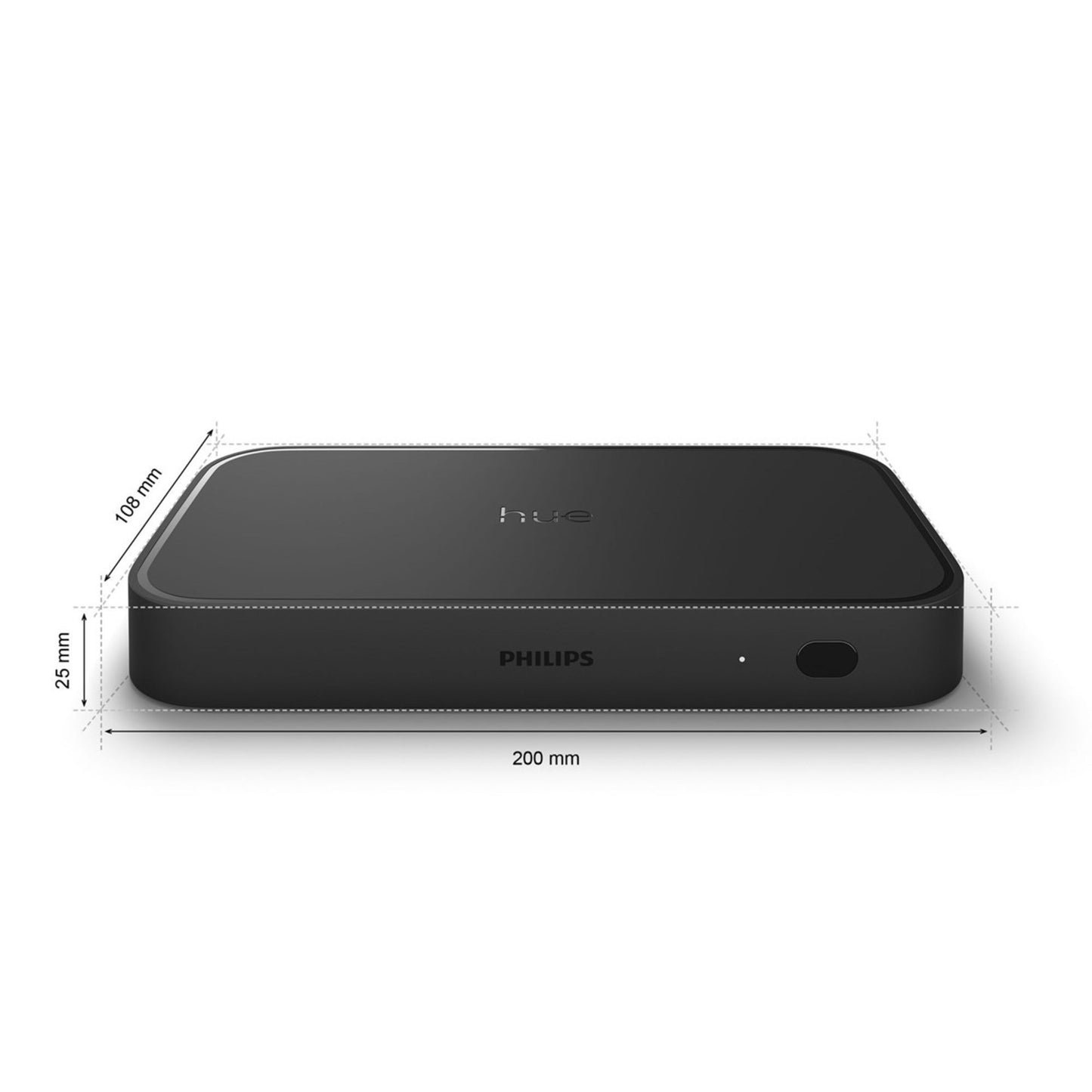 Philips Hue Play HDMI Sync Box 8K Gen 2, sort, rektangulær med runde hjørner, hue-logo på toppen, indikator og knap foran, 200x100x25 mm.