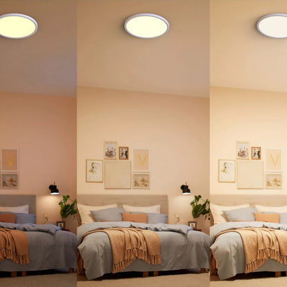 Philips Hue Loftlampe CL550 22W SceneSwitch Hvid over seng, tre lysindstillinger fra kold til varm hvid, orange tæppe.