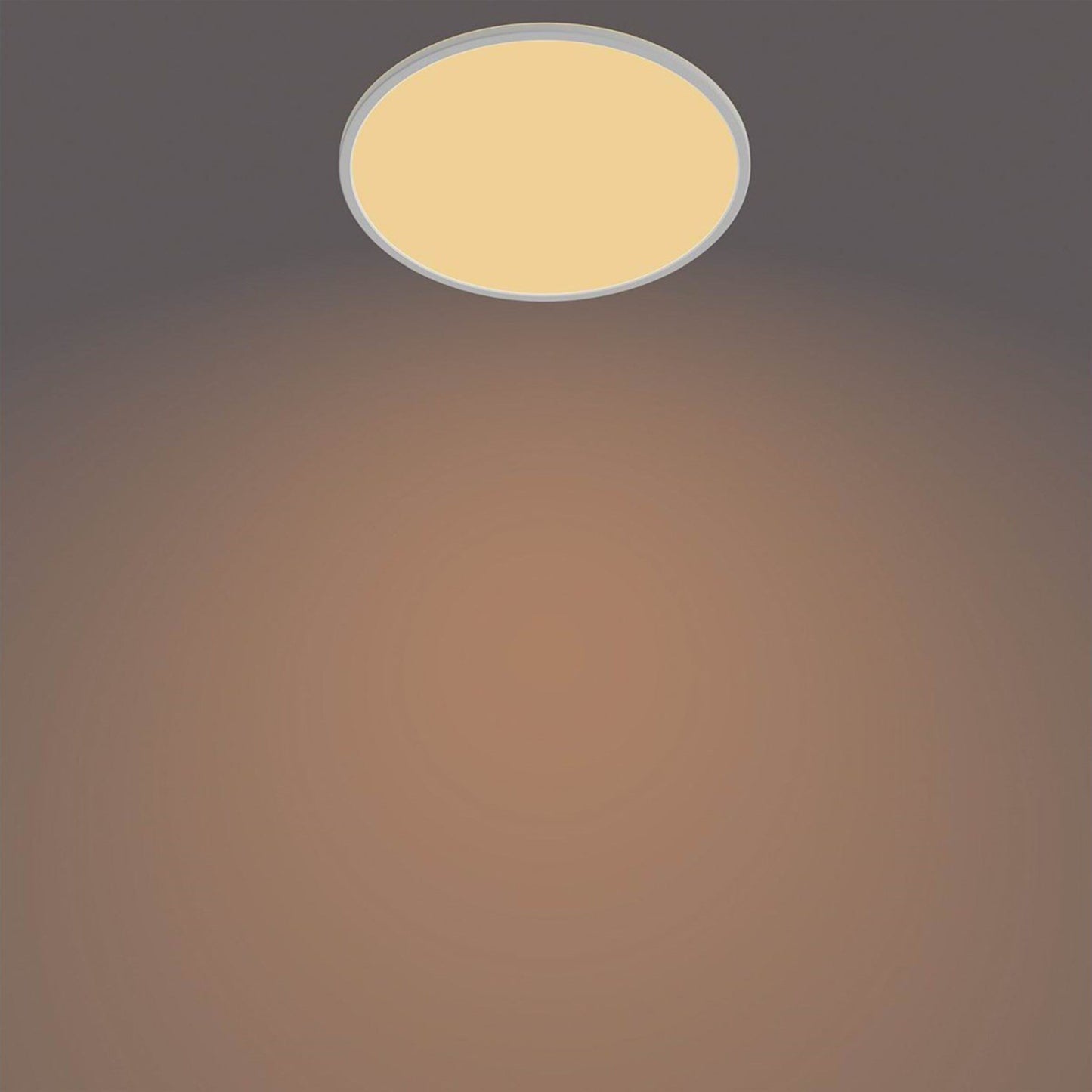 Philips Hue Loftlampe CL550 22W SceneSwitch hvid, varm gylden belysning, centreret mod mørk til taupe baggrund.