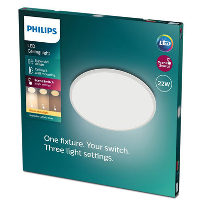 Philips Hue Loftlampe CL550 22W SceneSwitch, rund, hvid, tre varm hvide lysindstillinger, superslim til loft/væg.