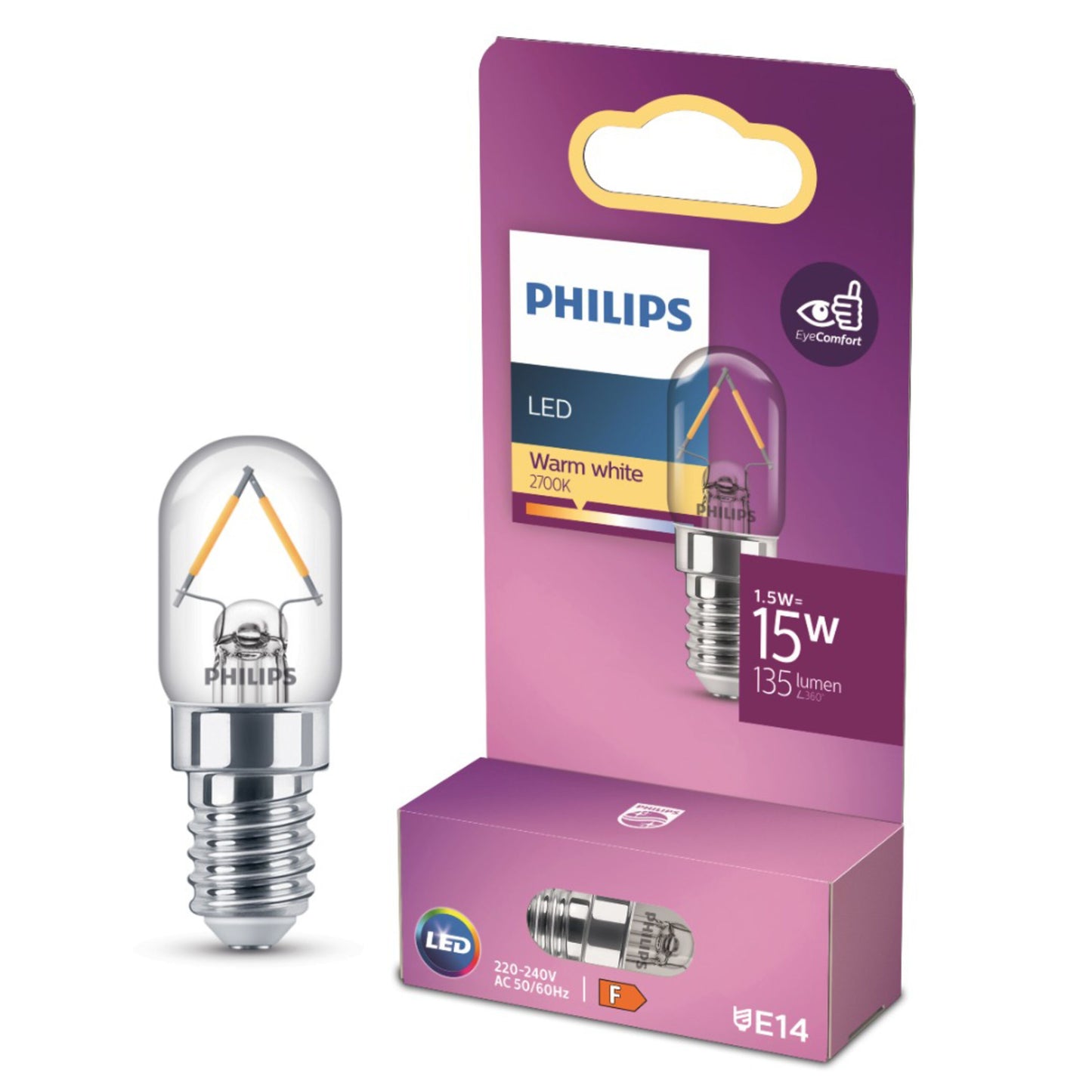 Philips Hue LED-filamentpære T20 E14 klar 135lm 1.5W varm hvid 2700K i lilla æske med nøglespecifikationer.