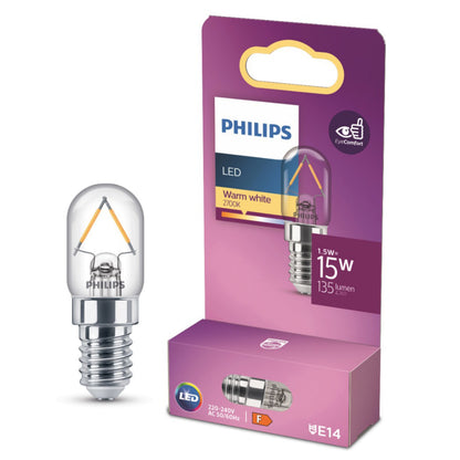 Philips Hue LED-filamentpære T20 E14 klar 135lm 1.5W varm hvid 2700K i lilla æske med nøglespecifikationer.