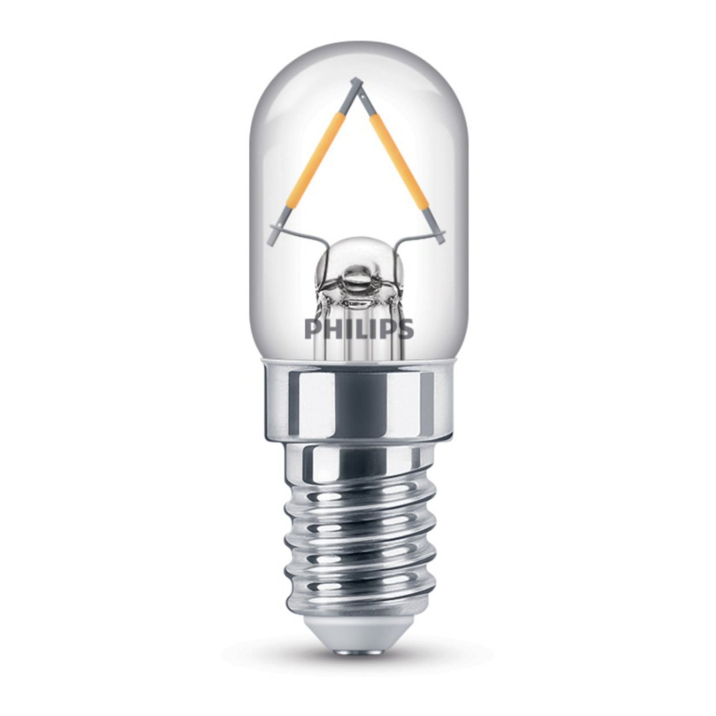 LED-filamentpære T20 E14 klar 135 lm med sølv E14-sokkel og gennemsigtigt glas, synlige filamenter.