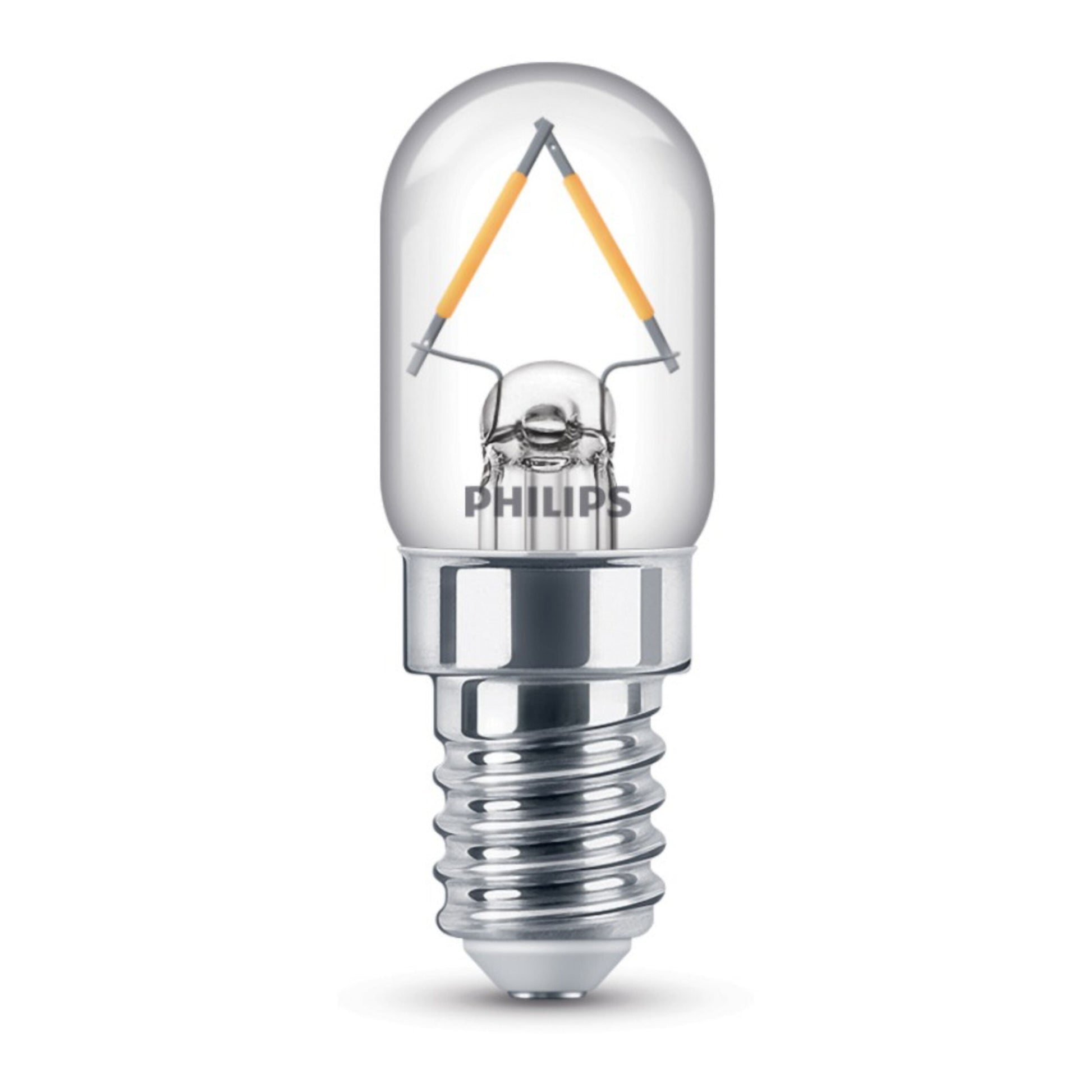 LED-filamentpære T20 E14 klar 135 lm med sølv E14-sokkel og gennemsigtigt glas, synlige filamenter.