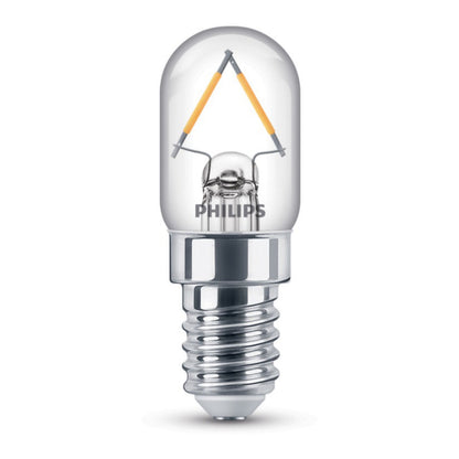 LED-filamentpære T20 E14 klar 135 lm med sølv E14-sokkel og gennemsigtigt glas, synlige filamenter.
