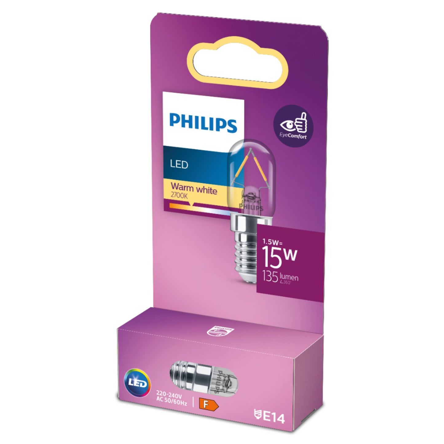 Philips Hue LED filamentpære T20 E14 klar, 135 lumen, 1,5W=15W, varm hvid 2700K, energiklasse F.