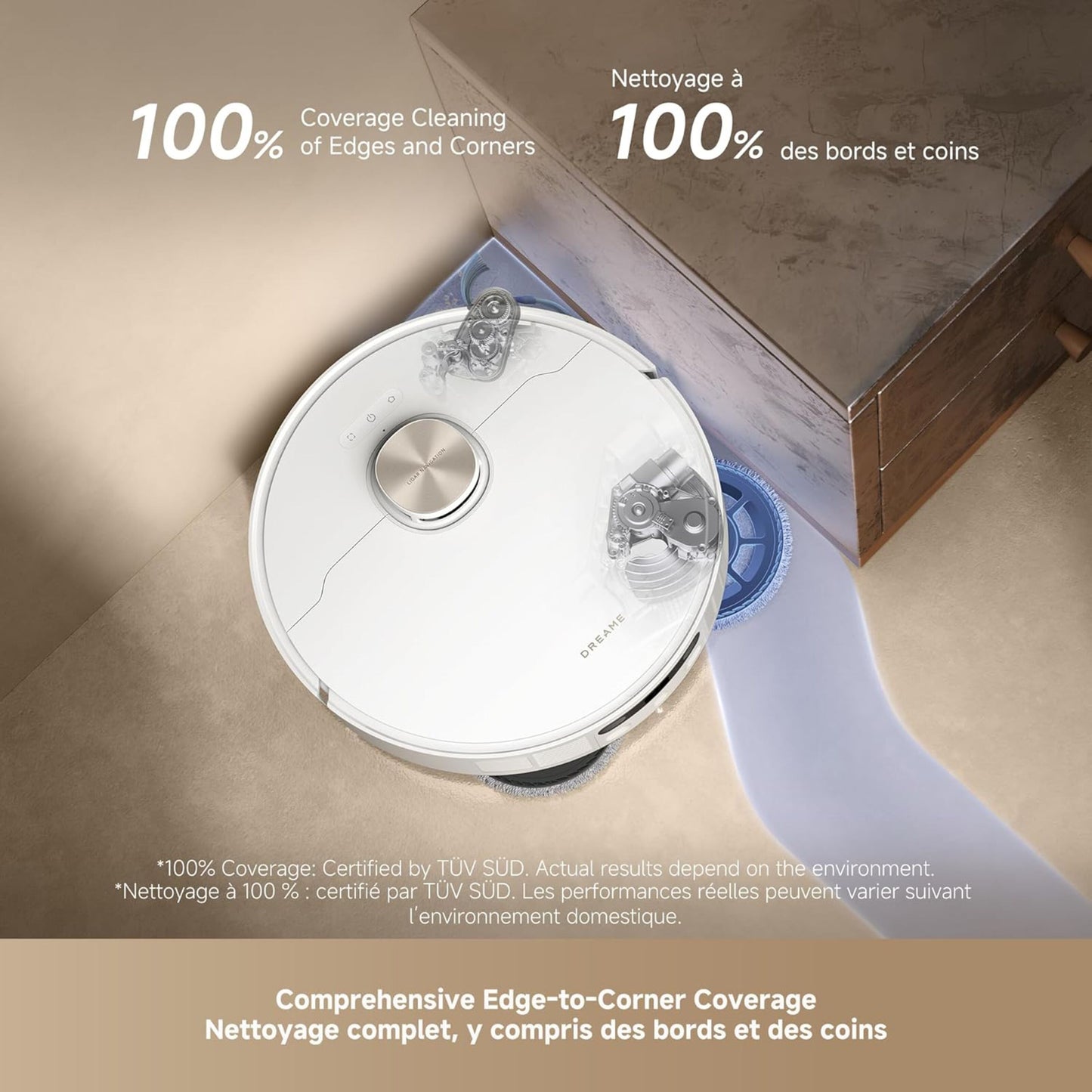 Dreame L50 Ultra robotstøvsuger med basestation rengør langs brunt skab, tekst "100 Coverage Cleaning of Edges and Corners.