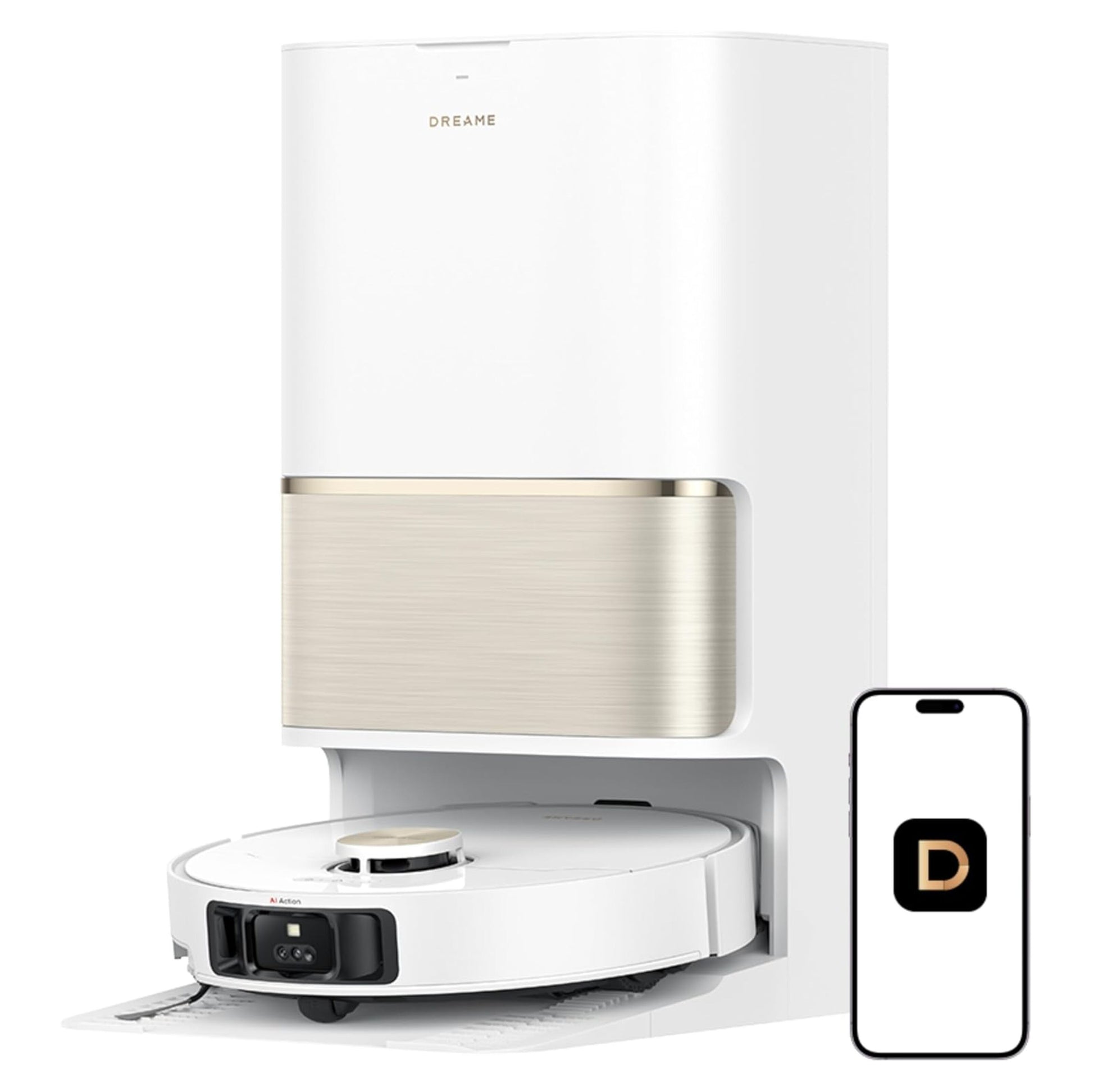 Dreame L50 Ultra robotstøvsuger med basestation i dockingstation, guldaccenter, ved siden af smartphone med gyldent D-logo.