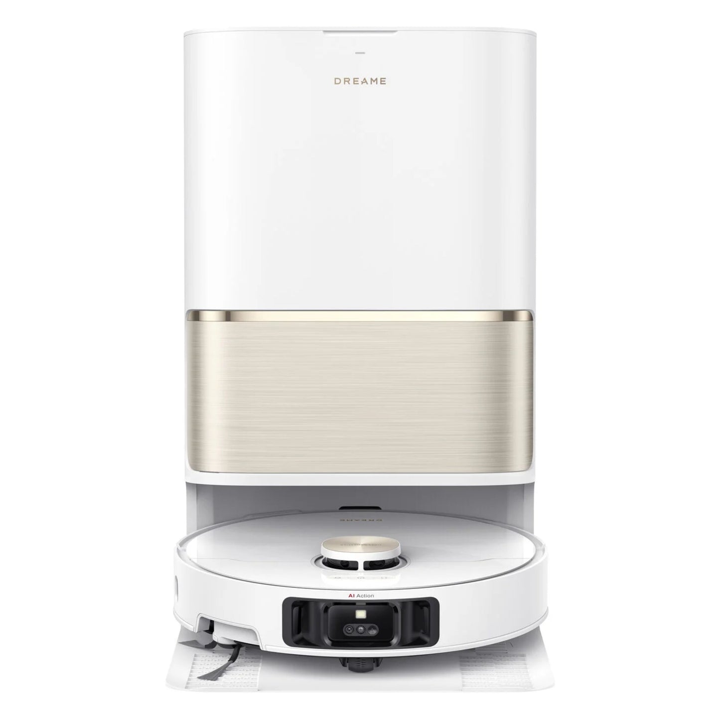 Dreame L50 Ultra robotstøvsuger med basestation i hvid og guld, ses delvist docket under opladningsstation.