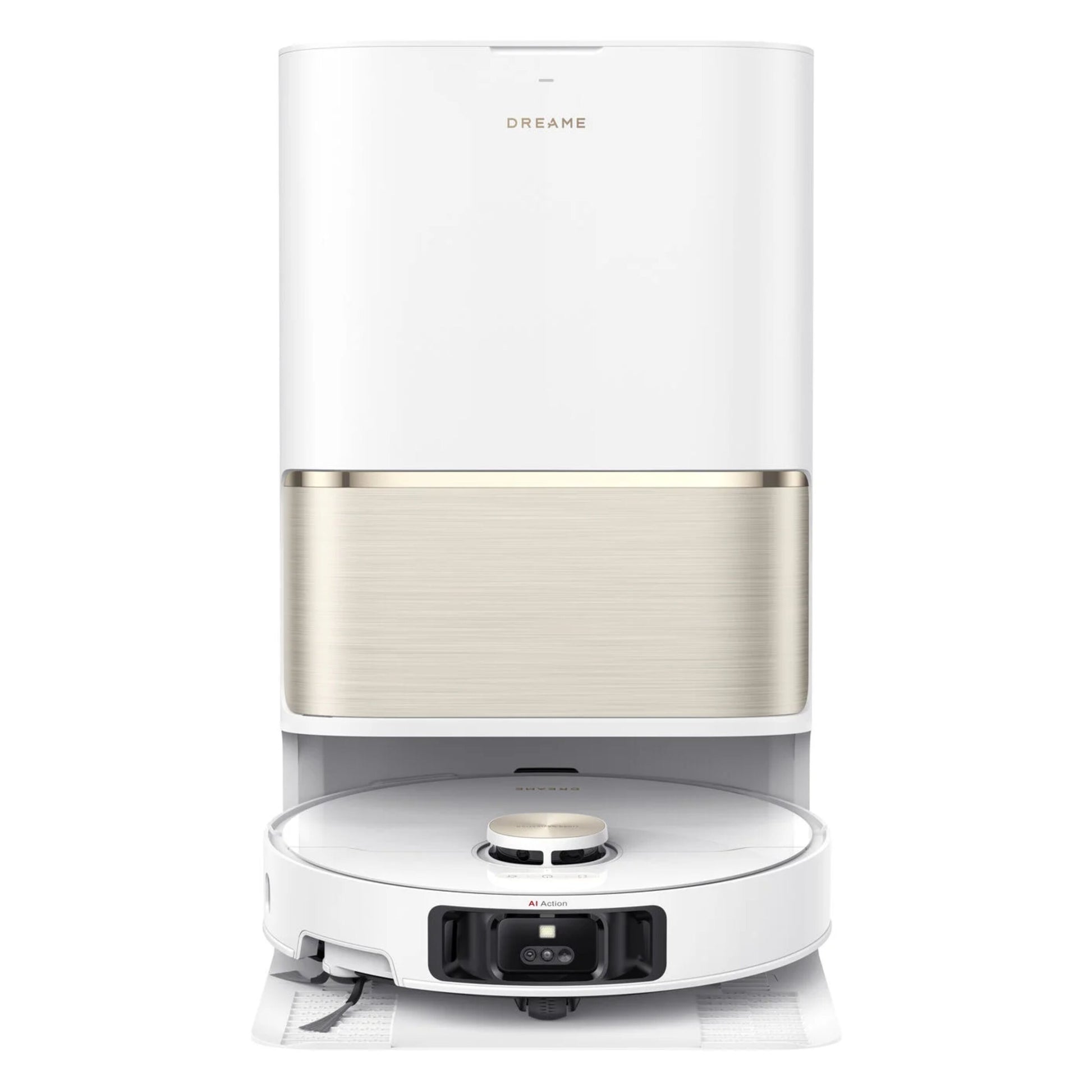 Dreame L50 Ultra robotstøvsuger med basestation i hvid og guld, ses delvist docket under opladningsstation.