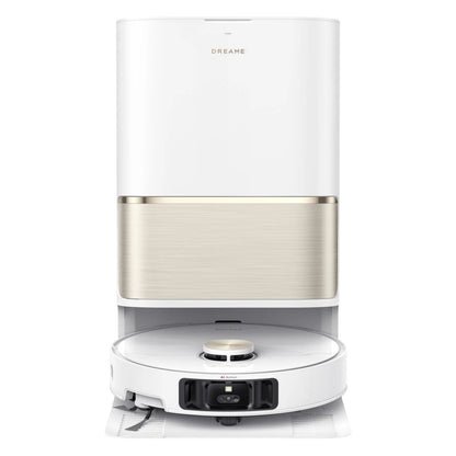Dreame L50 Ultra robotstøvsuger med basestation i hvid og guld, ses delvist docket under opladningsstation.