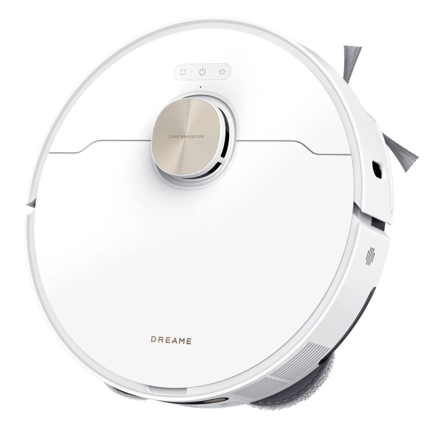 Dreame L50 Ultra robotstøvsuger med basestation, hvid, hævet navigation, sidebørster og synligt logo.