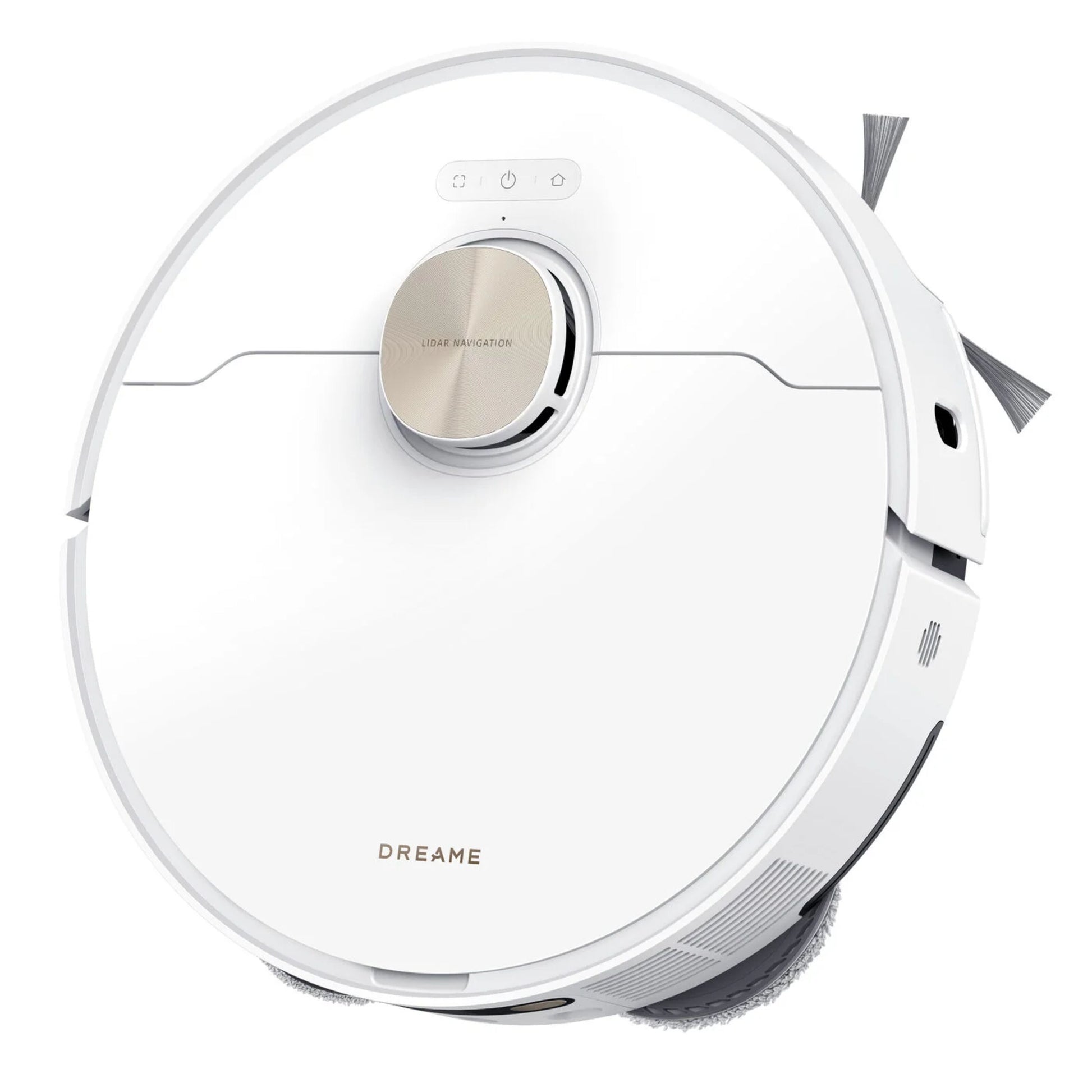 Dreame L50 Ultra robotstøvsuger med basestation, hvid, hævet navigation, sidebørster og synligt logo.