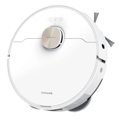 Dreame L50 Ultra robotstøvsuger med basestation, hvid, hævet navigation, sidebørster og synligt logo.