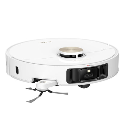 Dreame L50 Ultra robotstøvsuger med rund form, basestation, frontvendte sensorer, sidebørste og hævet topdisk.