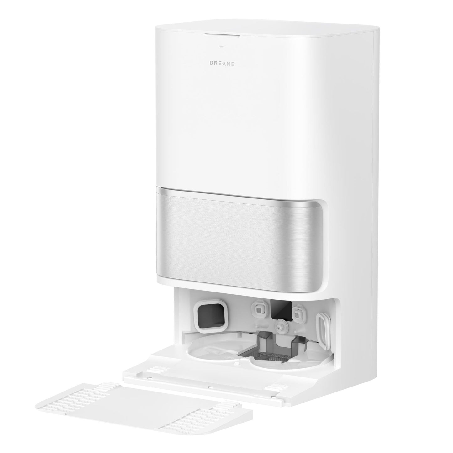 Dreame L10s Ultra Gen 3 robotstøvsuger med hvid automatisk basestation og åben front med indvendige støvsugedele.