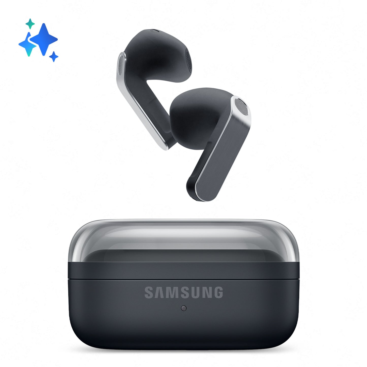 Samsung Galaxy Buds4 sorte trådløse høretelefoner over åbent etui, blåt glimt-ikon øverst til venstre.