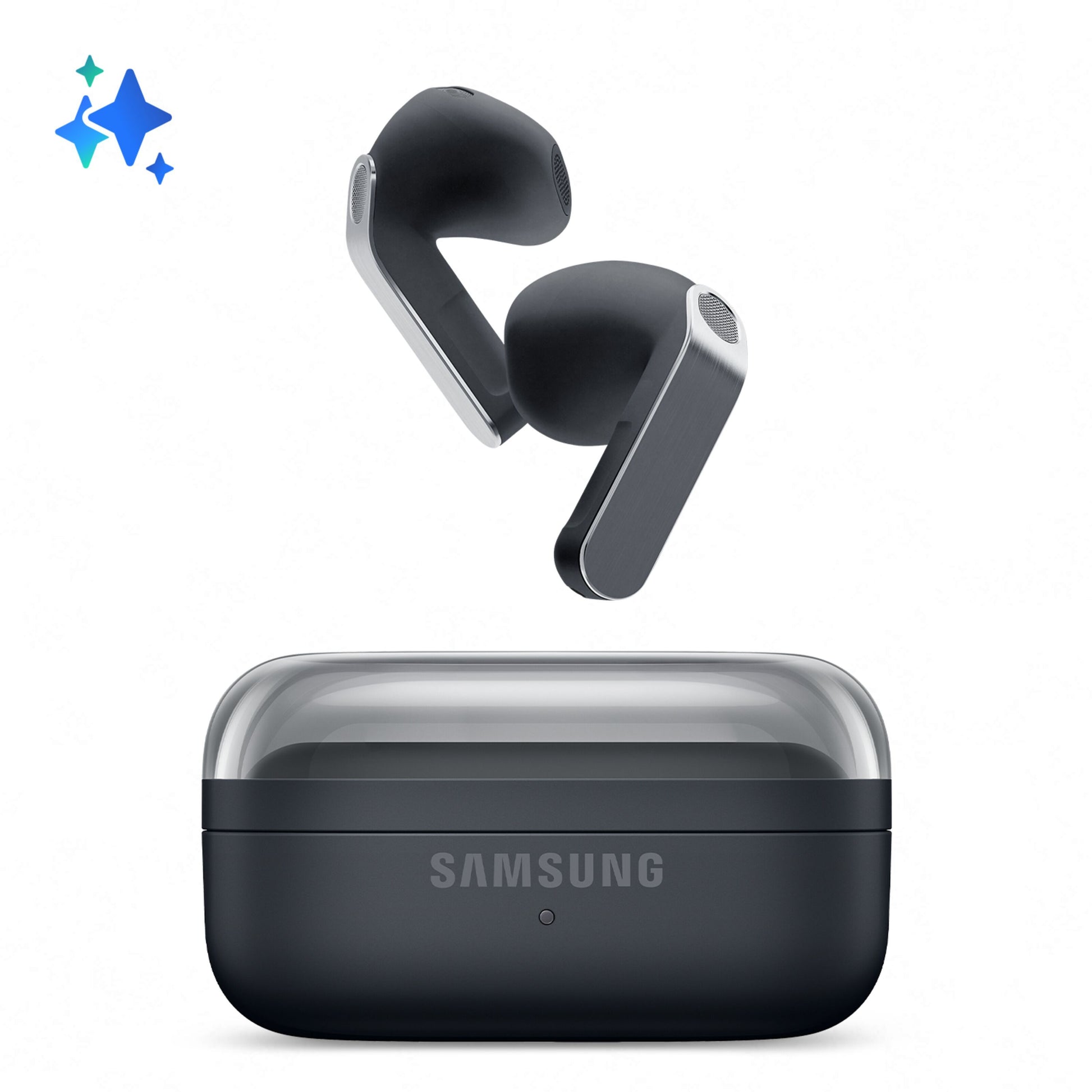 Samsung Galaxy Buds4 sorte trådløse høretelefoner over åbent etui, blåt glimt-ikon øverst til venstre.