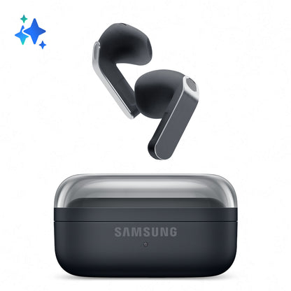 Samsung Galaxy Buds4 sorte trådløse høretelefoner over åbent etui, blåt glimt-ikon øverst til venstre.