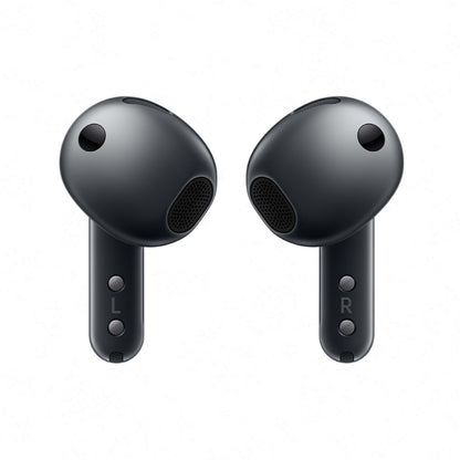Samsung Galaxy Buds4 sorte trådløse høretelefoner med L- og R-mærker og aktiv støjreduktion vises.