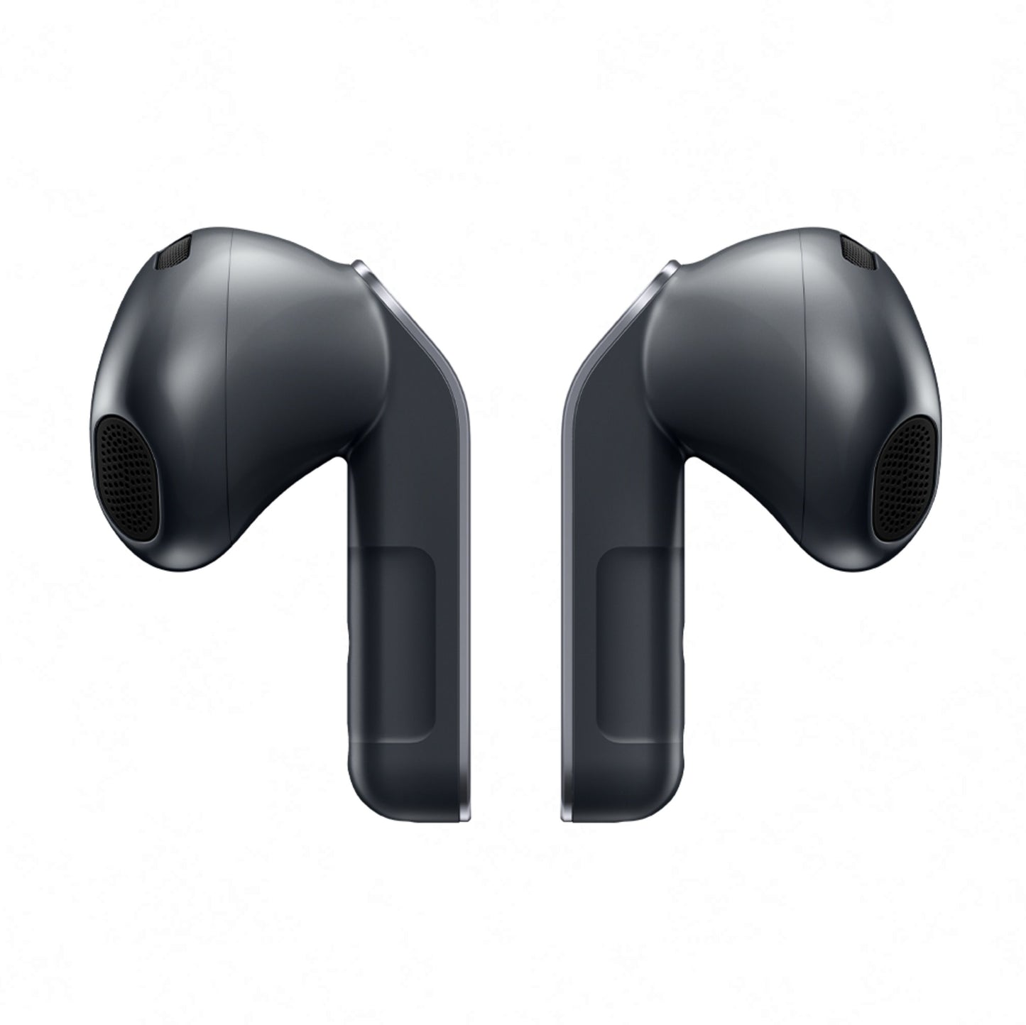 Samsung Galaxy Buds4 sorte trådløse høretelefoner med stemmedesign, mesh-højttalergitre og sølvdetaljer, aktiv støjreduktion.