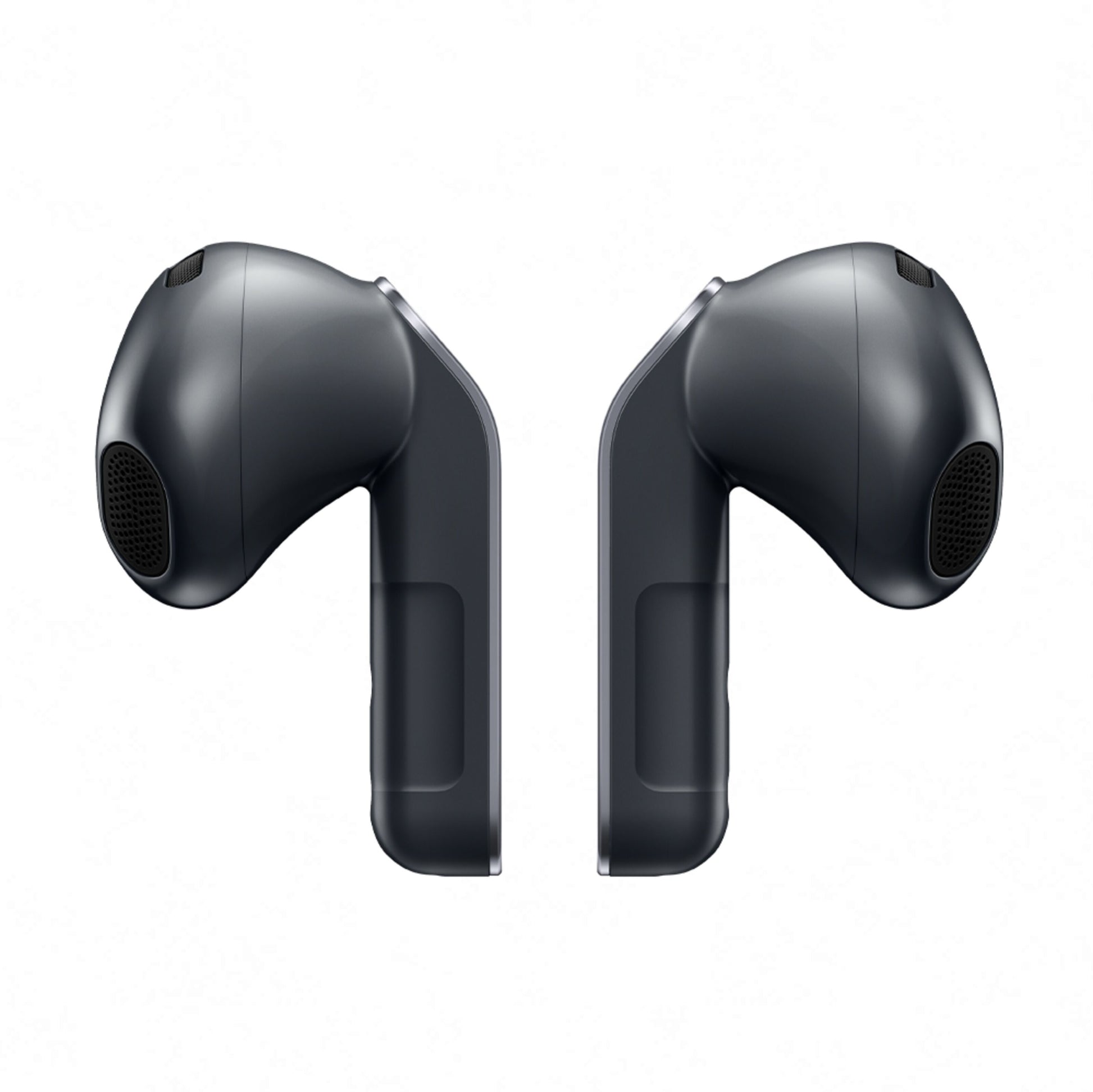 Samsung Galaxy Buds4 sorte trådløse høretelefoner med stemmedesign, mesh-højttalergitre og sølvdetaljer, aktiv støjreduktion.