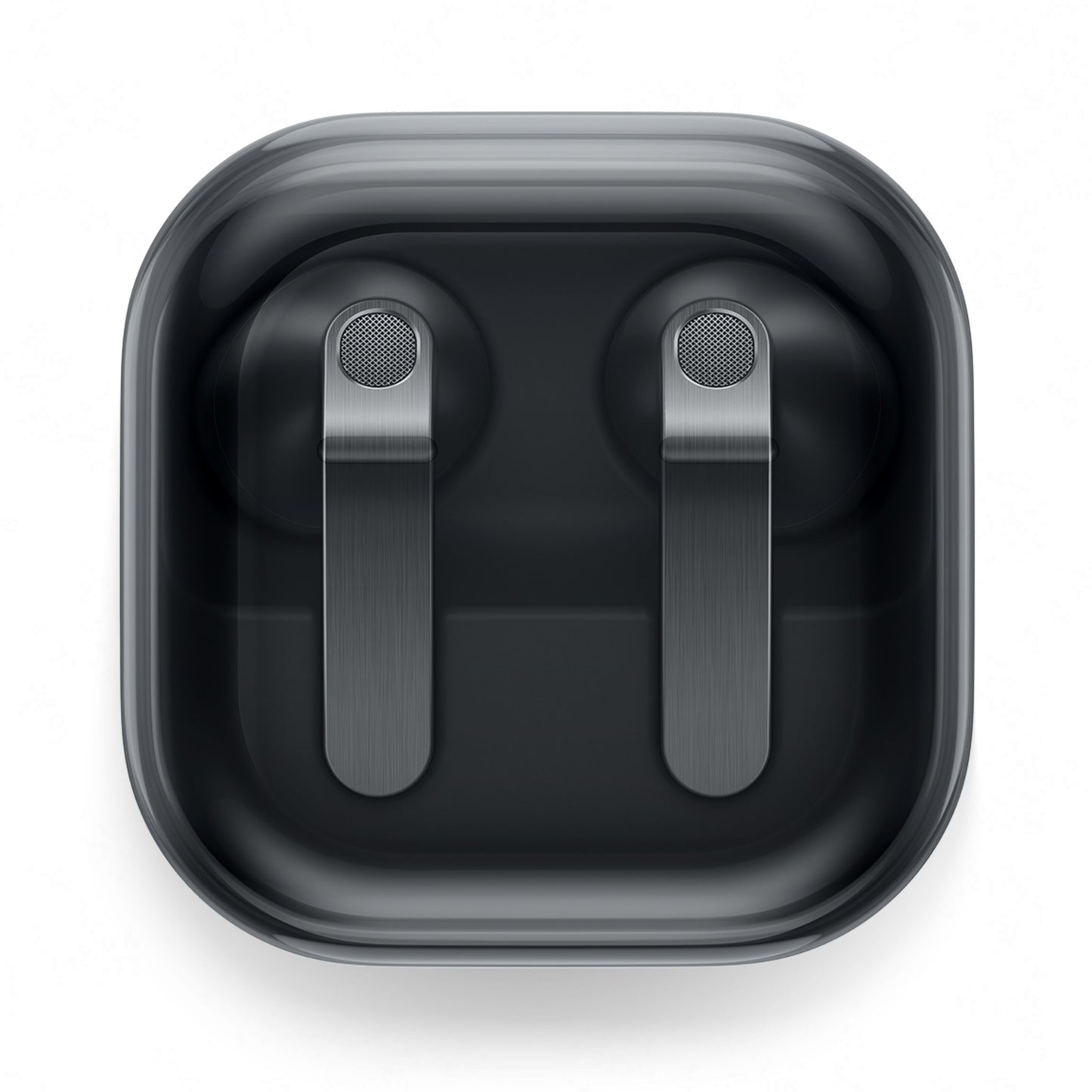 Samsung Galaxy Buds4 Sort, metallic finish, aktiv støjreduktion, sort kvadratisk opladningsetui med afrundede hjørner.