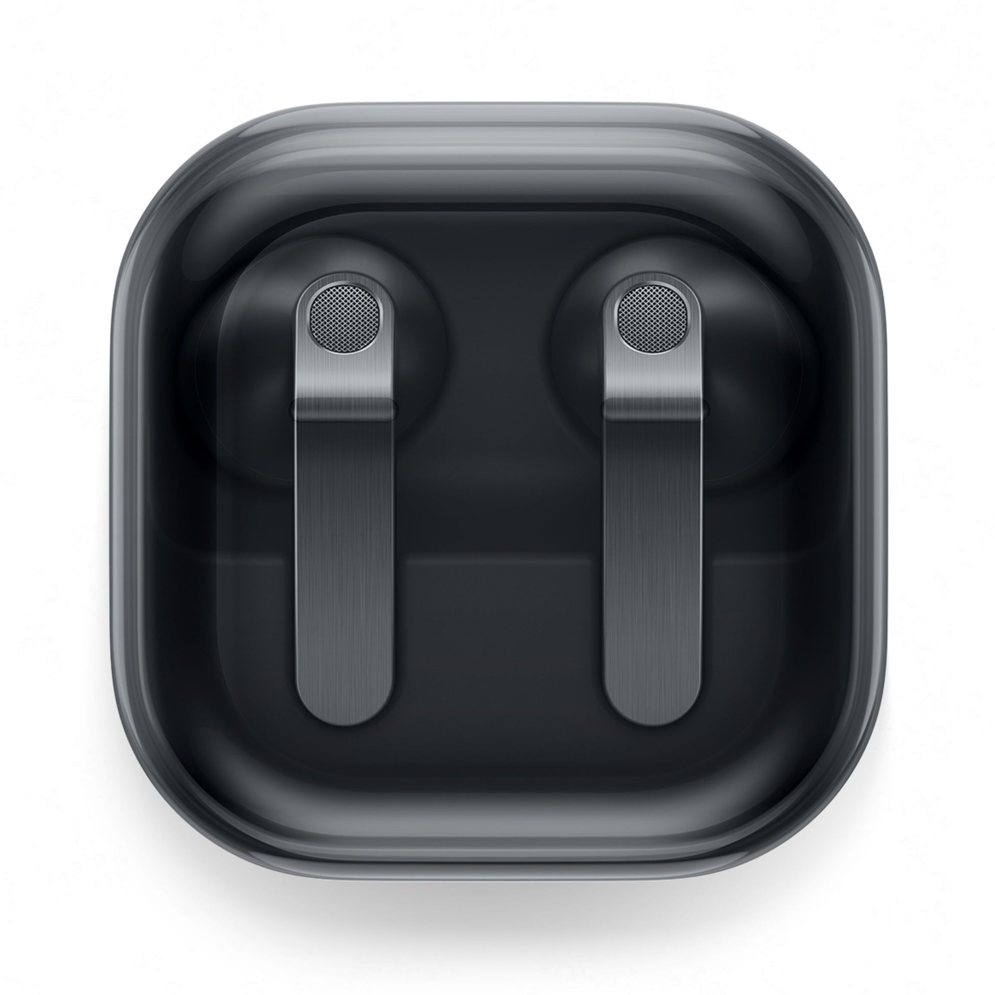 Samsung Galaxy Buds4 Sort, metallic finish, aktiv støjreduktion, sort kvadratisk opladningsetui med afrundede hjørner.