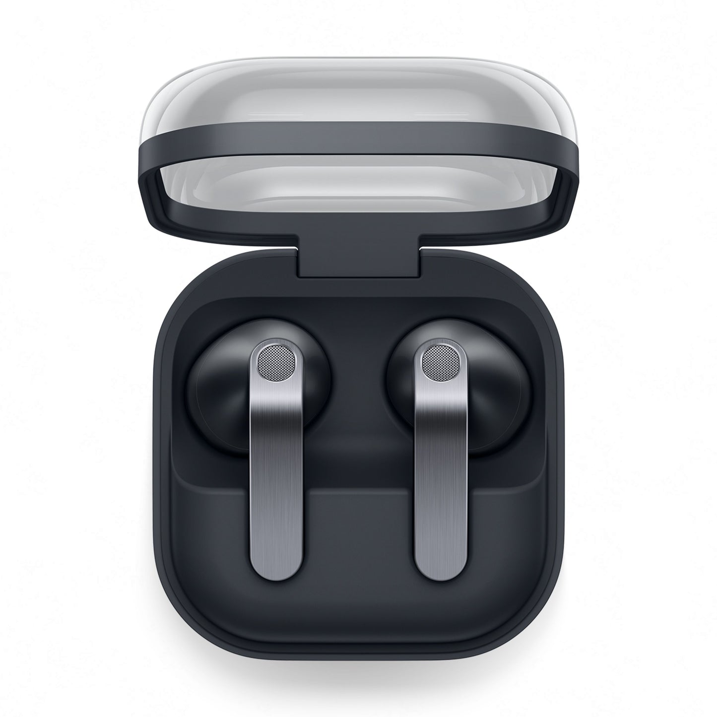 Samsung Galaxy Buds4 sorte trådløse høretelefoner med aktiv støjreduktion i sort opladeetui med gennemsigtigt låg, set oppefra.