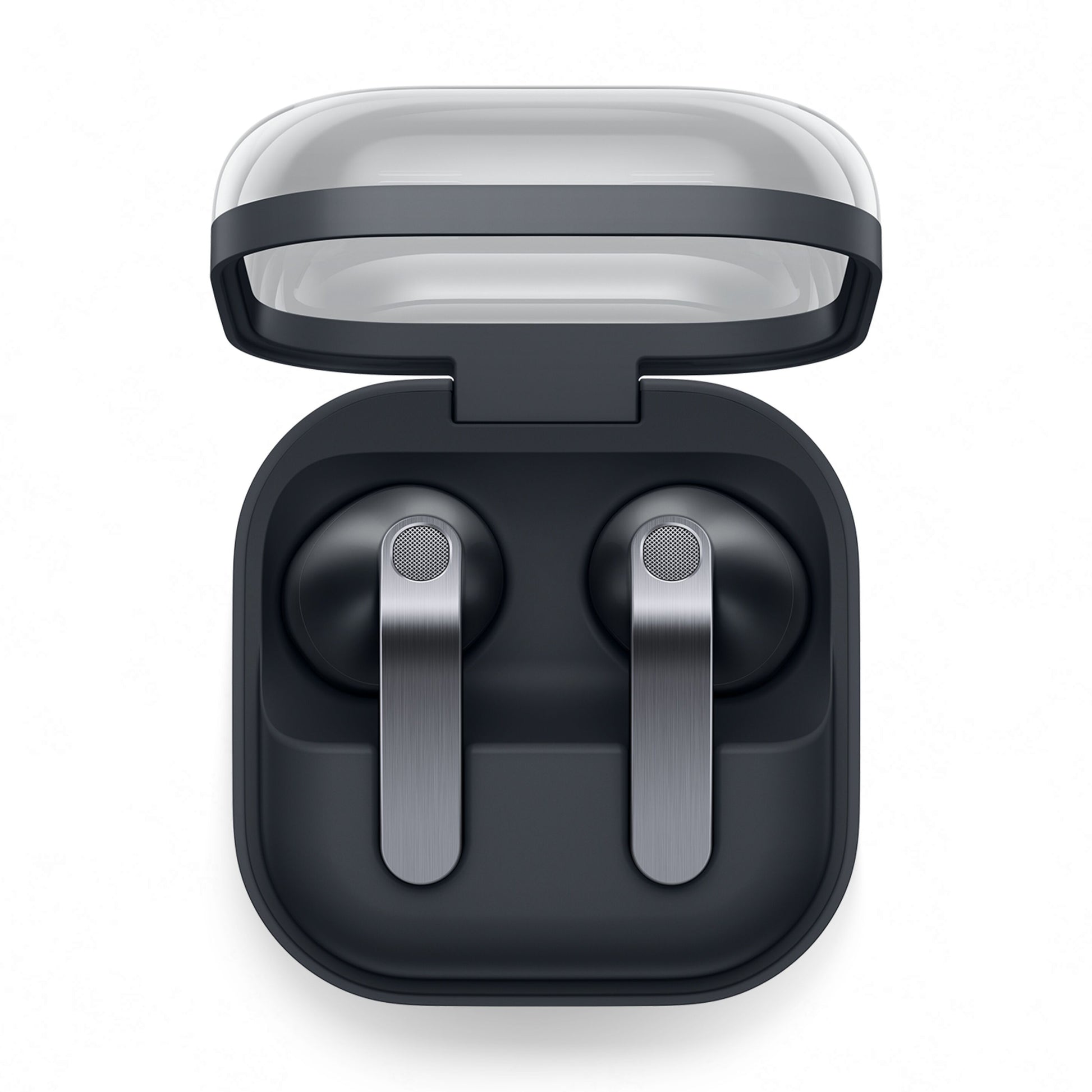 Samsung Galaxy Buds4 sorte trådløse høretelefoner med aktiv støjreduktion i sort opladeetui med gennemsigtigt låg, set oppefra.