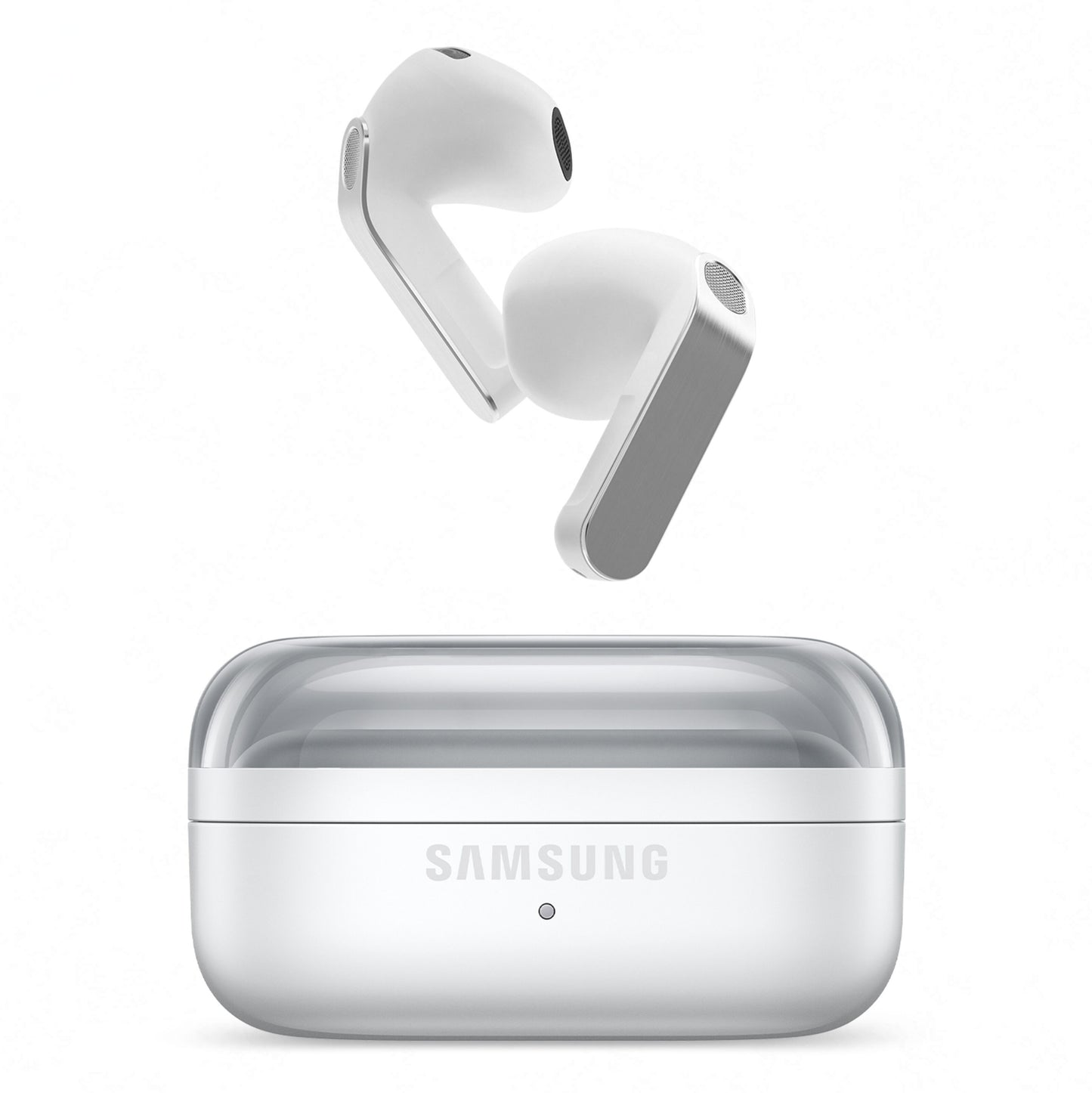 Samsung Galaxy Buds4 trådløse høretelefoner, hvid, aktiv støjreduktion, opladningsetui med Samsung-logo.
