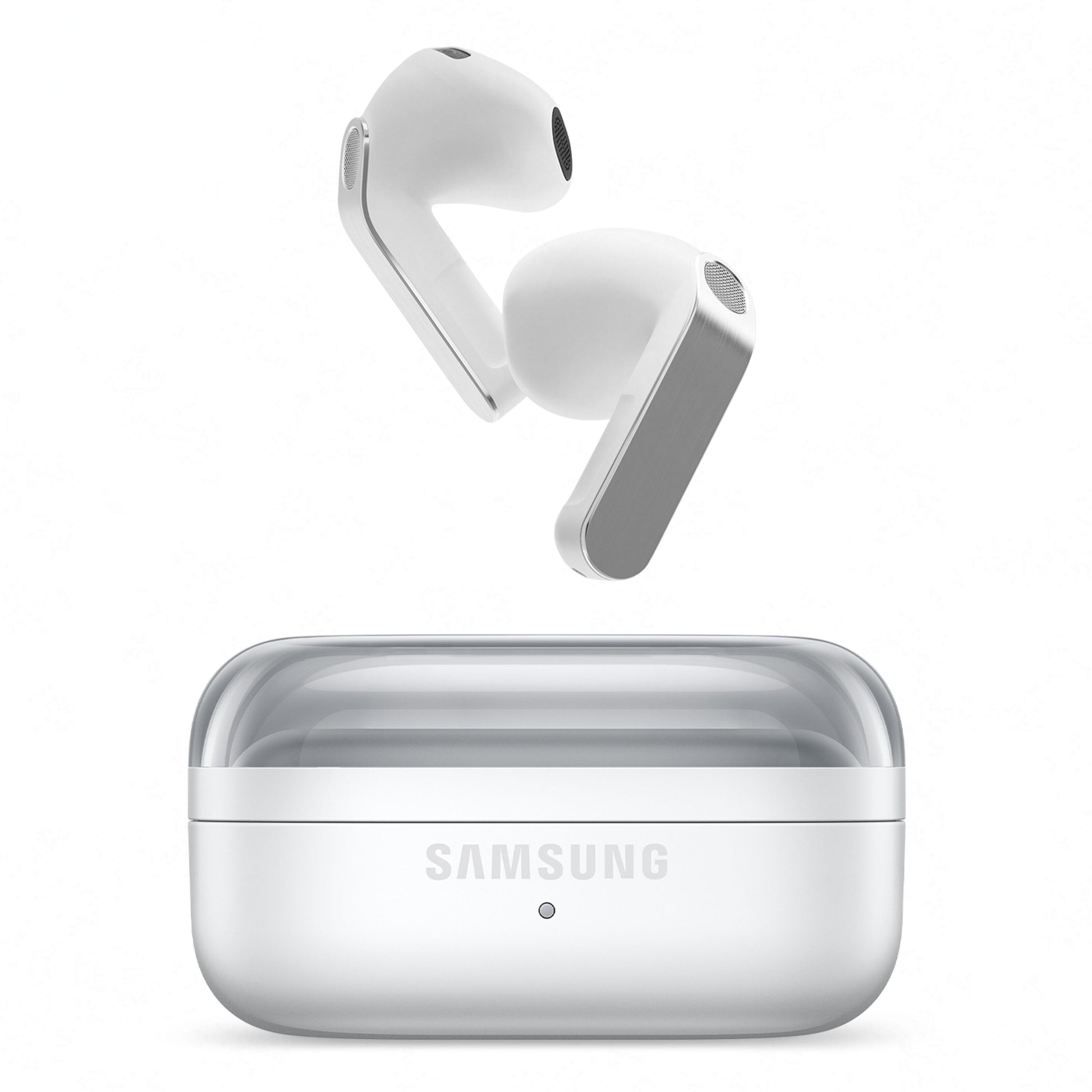 Samsung Galaxy Buds4 trådløse høretelefoner, hvid, aktiv støjreduktion, opladningsetui med Samsung-logo.